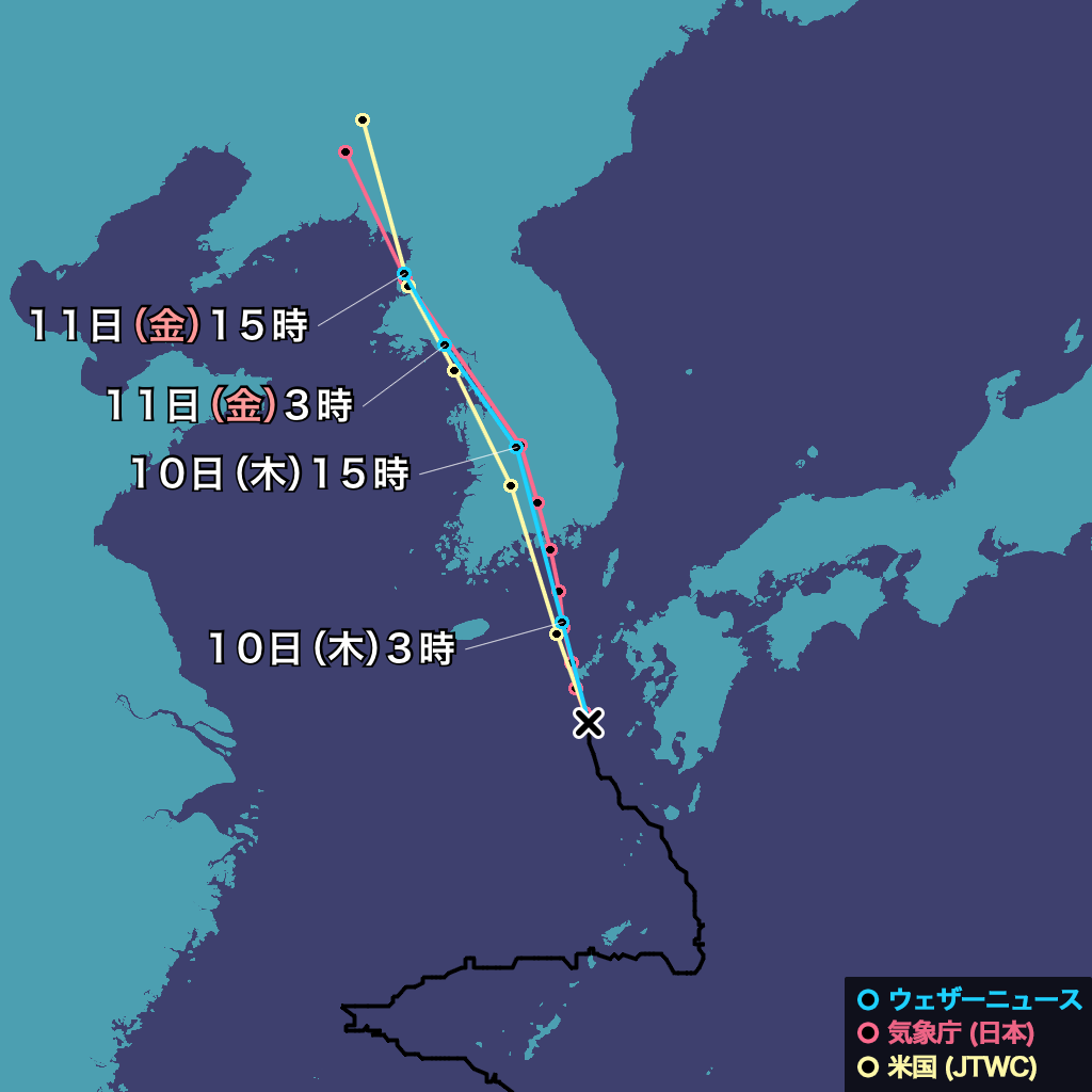 3本の進路予想(ウェザーニュース)