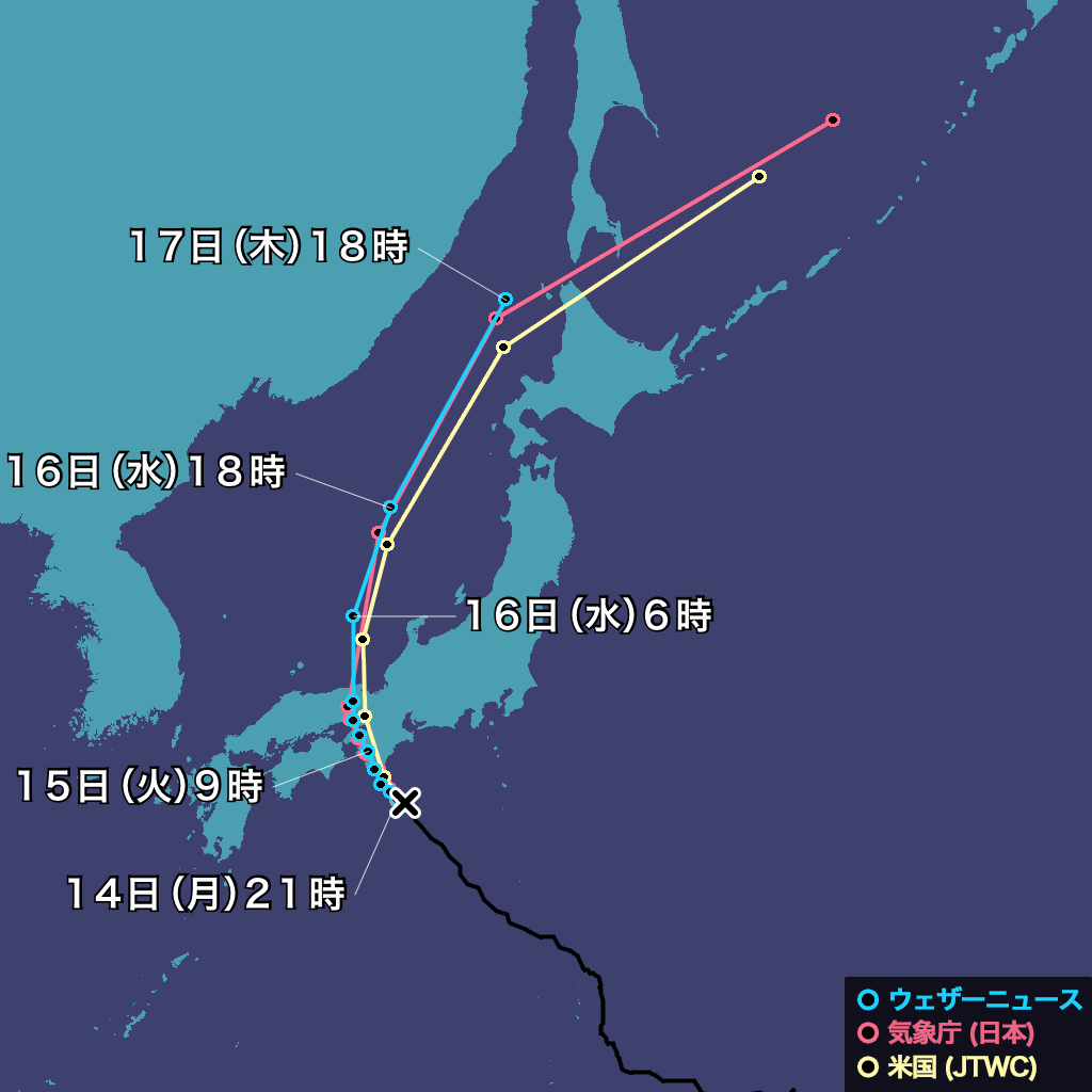 3本の予測モデル(ウェザーニュース)