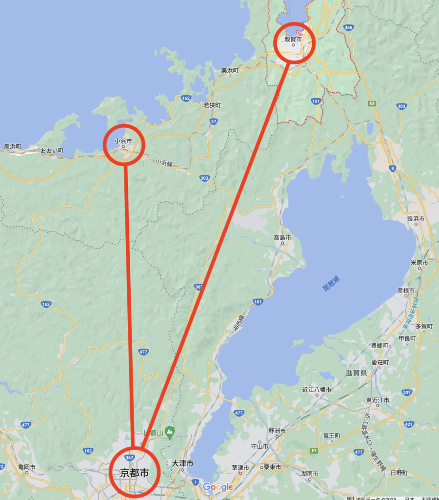 京都との直線距離（Googleマップ）